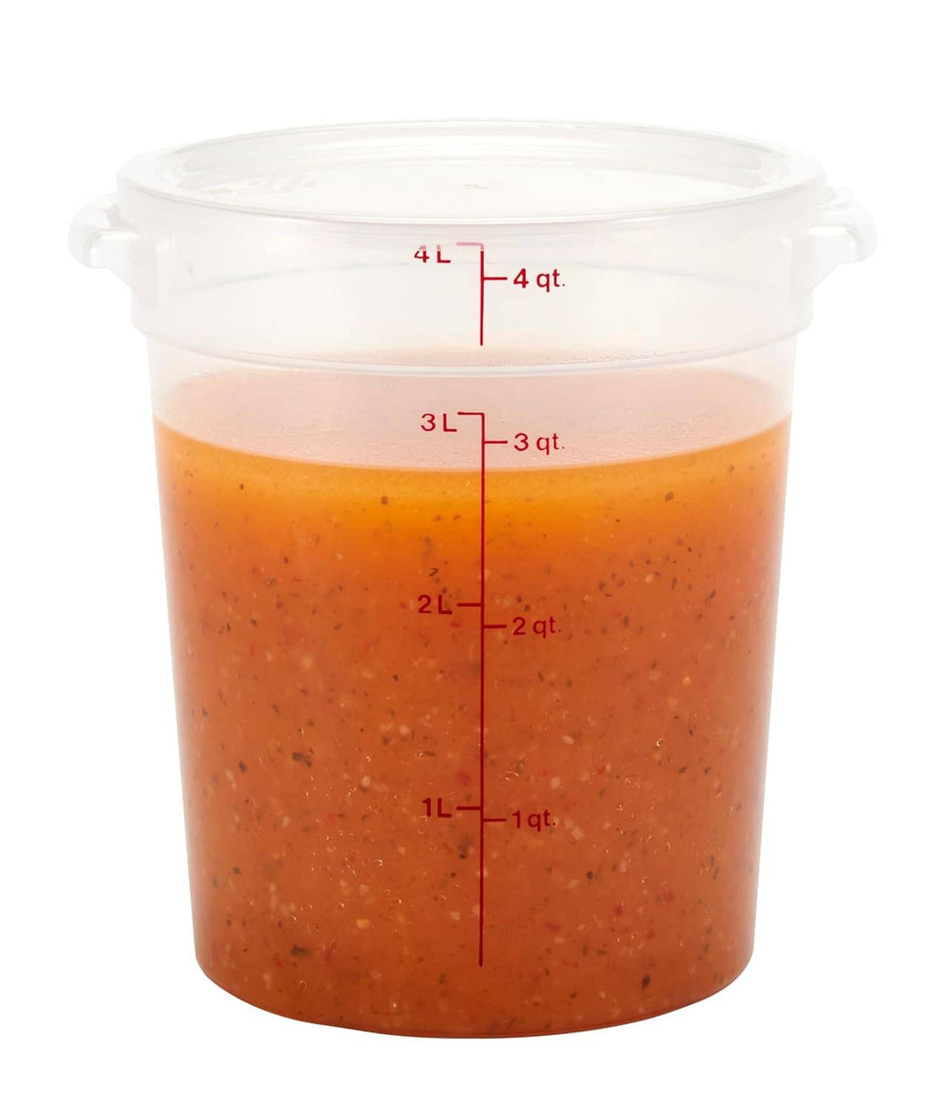 4-qt plastic food storage bucket with lid, filled with orange liquid and red quart measurement marks.