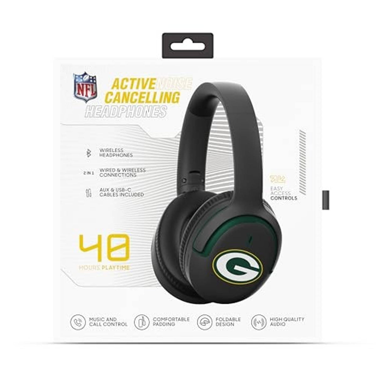 Retail box for NFL active noise cancelling wireless headphones with Green Bay Packers G logo