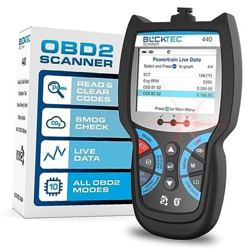 Handheld black Bluetooth OBD2 scanner with backlit screen and control buttons