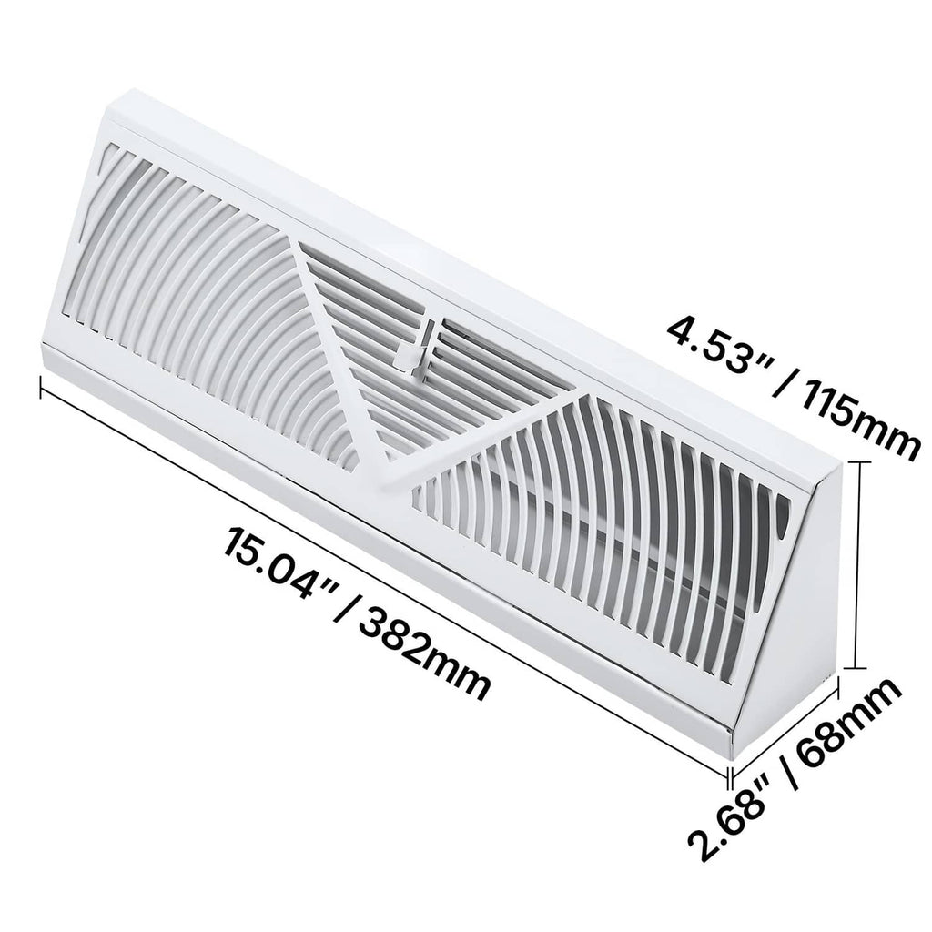 White 15-inch floor vent register with slatted grille and V-shaped center, close-up size view.