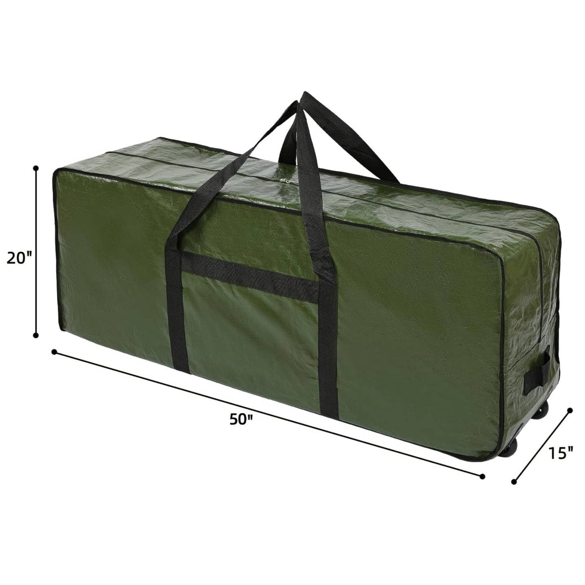 Green Christmas tree storage bag with wheels and black straps, size dimensions shown
