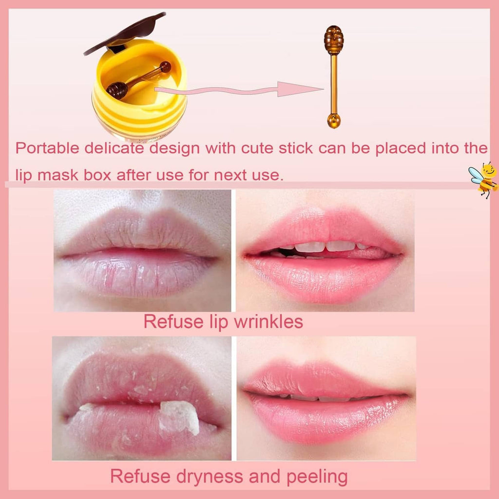 Open honey lip balm jar with bee-style stick; lip mask balm set layout