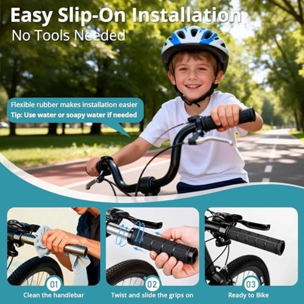 Black rubber bicycle handlebar grips set with textured pattern and slip-on design