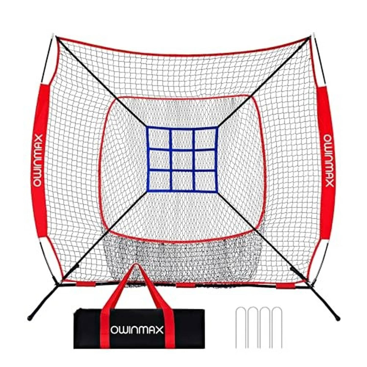 Baseball practice training net with red frame, white mesh, blue target window and base bag