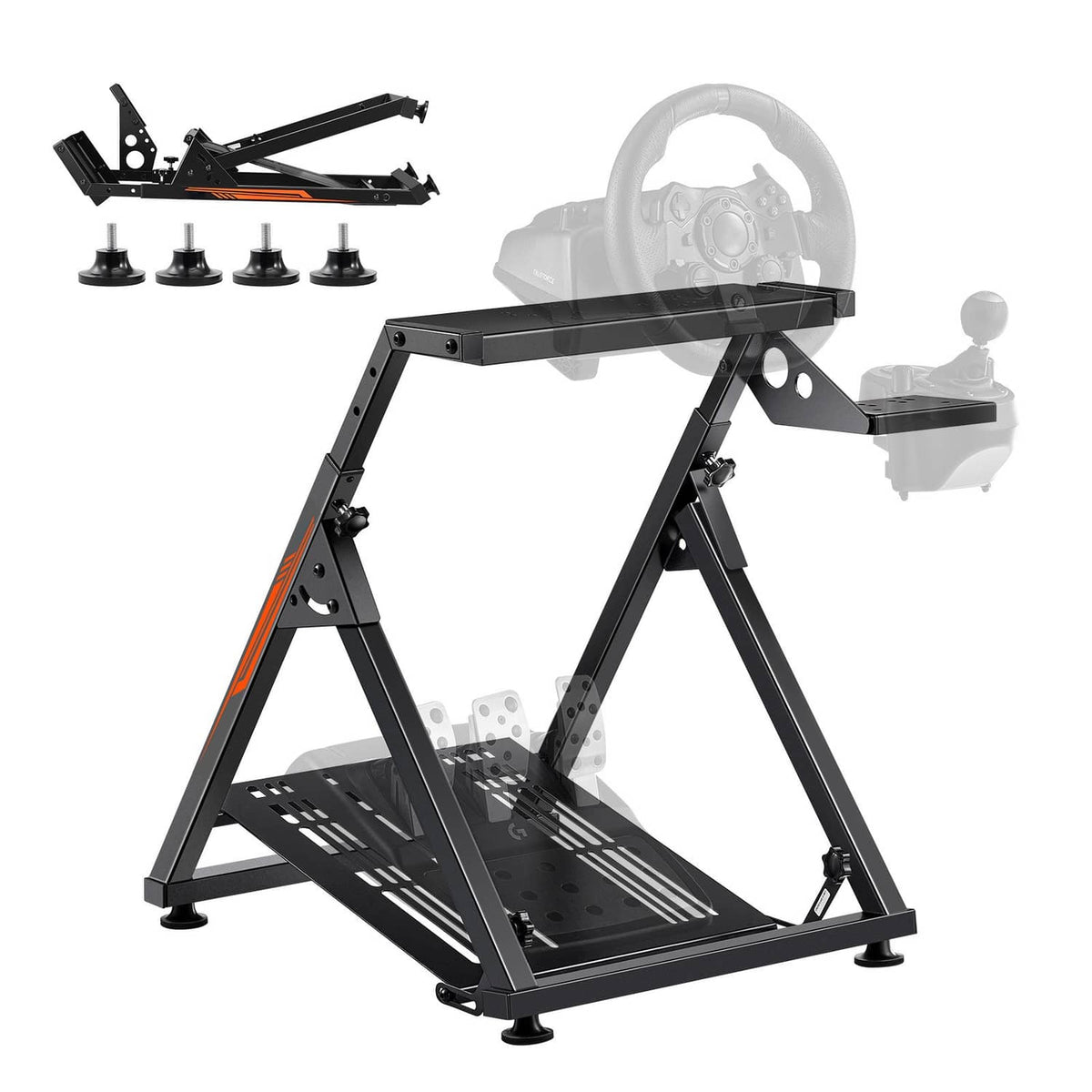 Racing steering wheel stand with wheel mount and pedal platform, black steel frame
