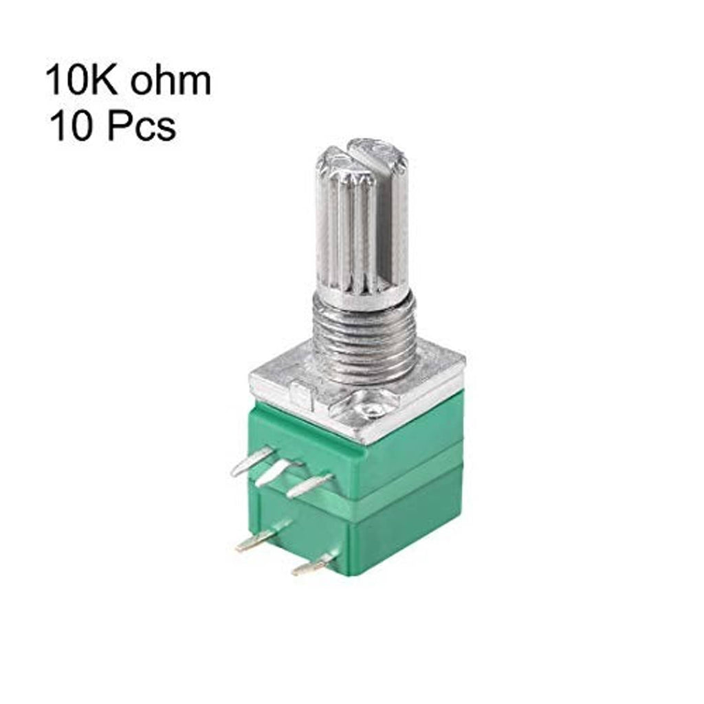 10K rotary potentiometer with switch, green housing, metal knurled shaft, 3 solder terminals