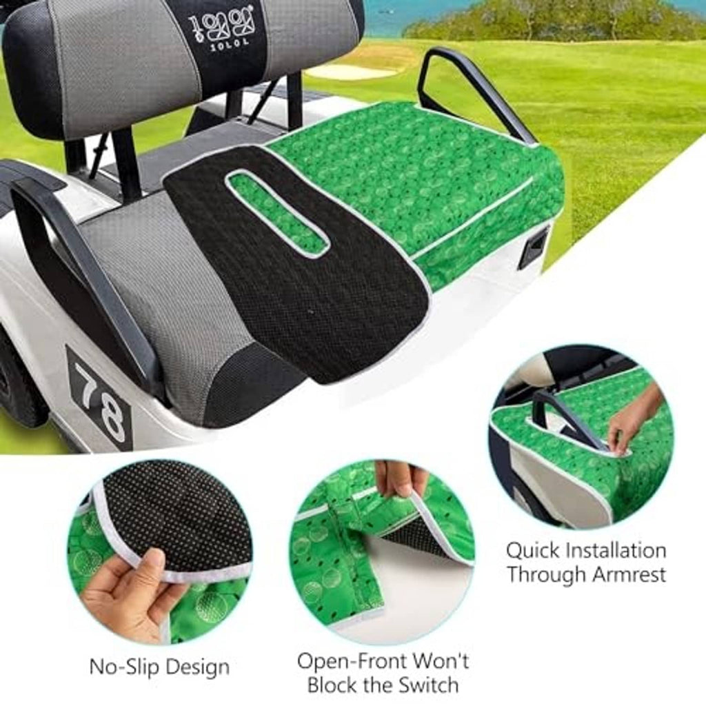 Green seat cover with white trim fitted on gray golf cart seats, open front panel