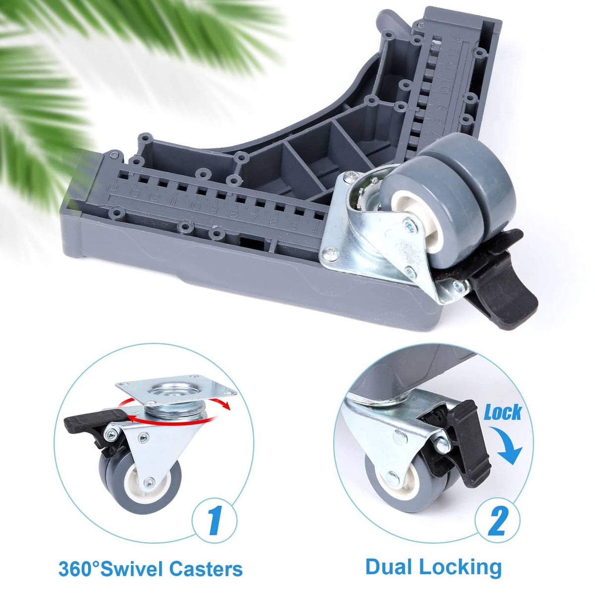 Grey dolly caster base with dual locking mechanism and swivel wheel