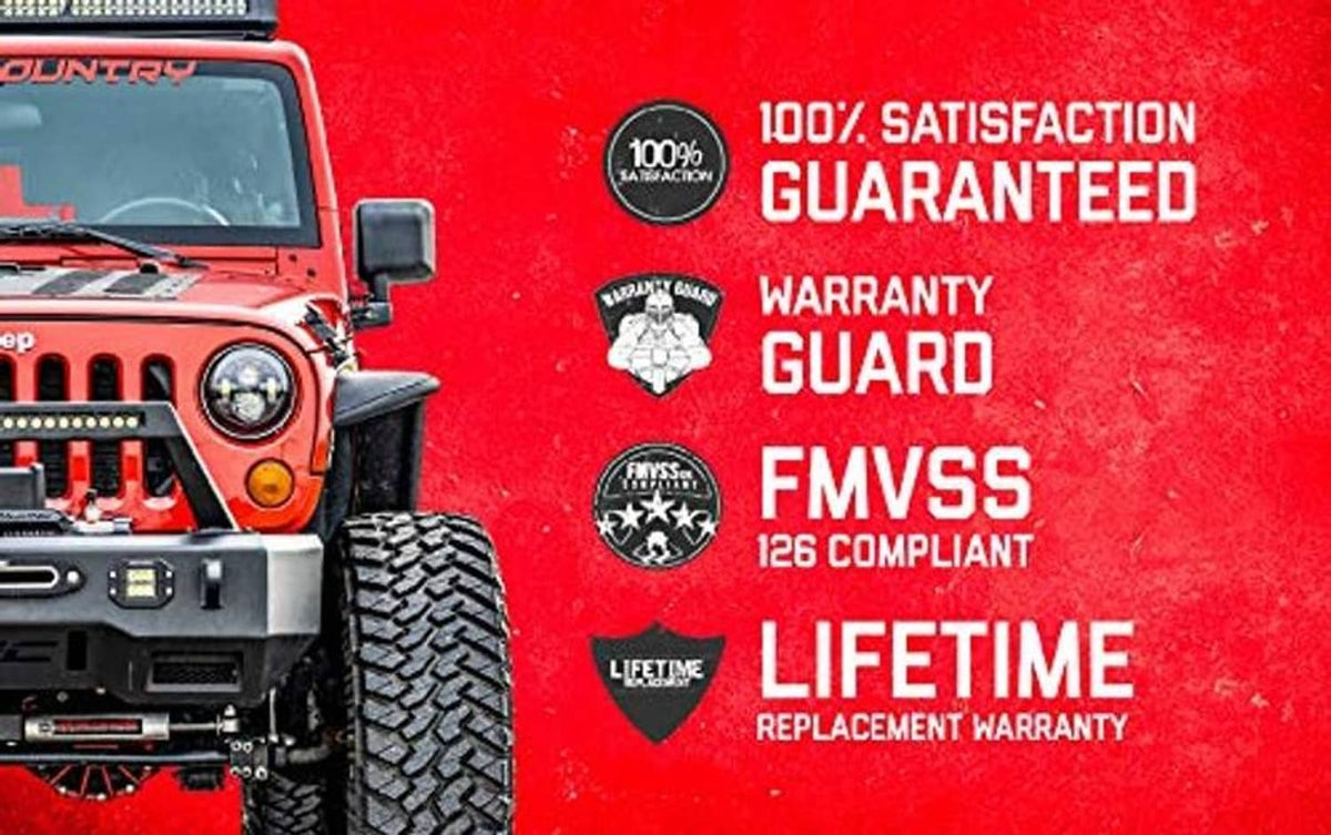 Red pickup front with brake lines guarantee and warranty badge overlay