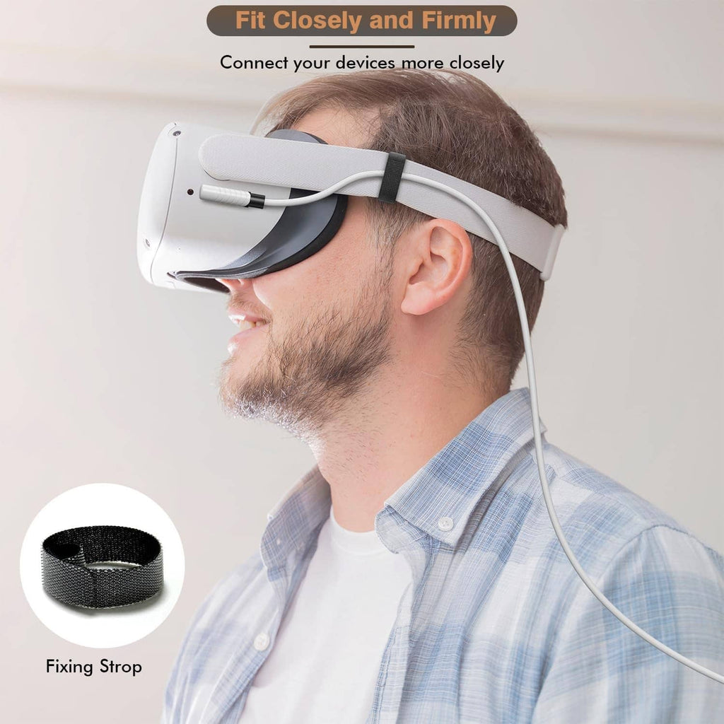 White VR link cable attached to a VR headset with a securing strap