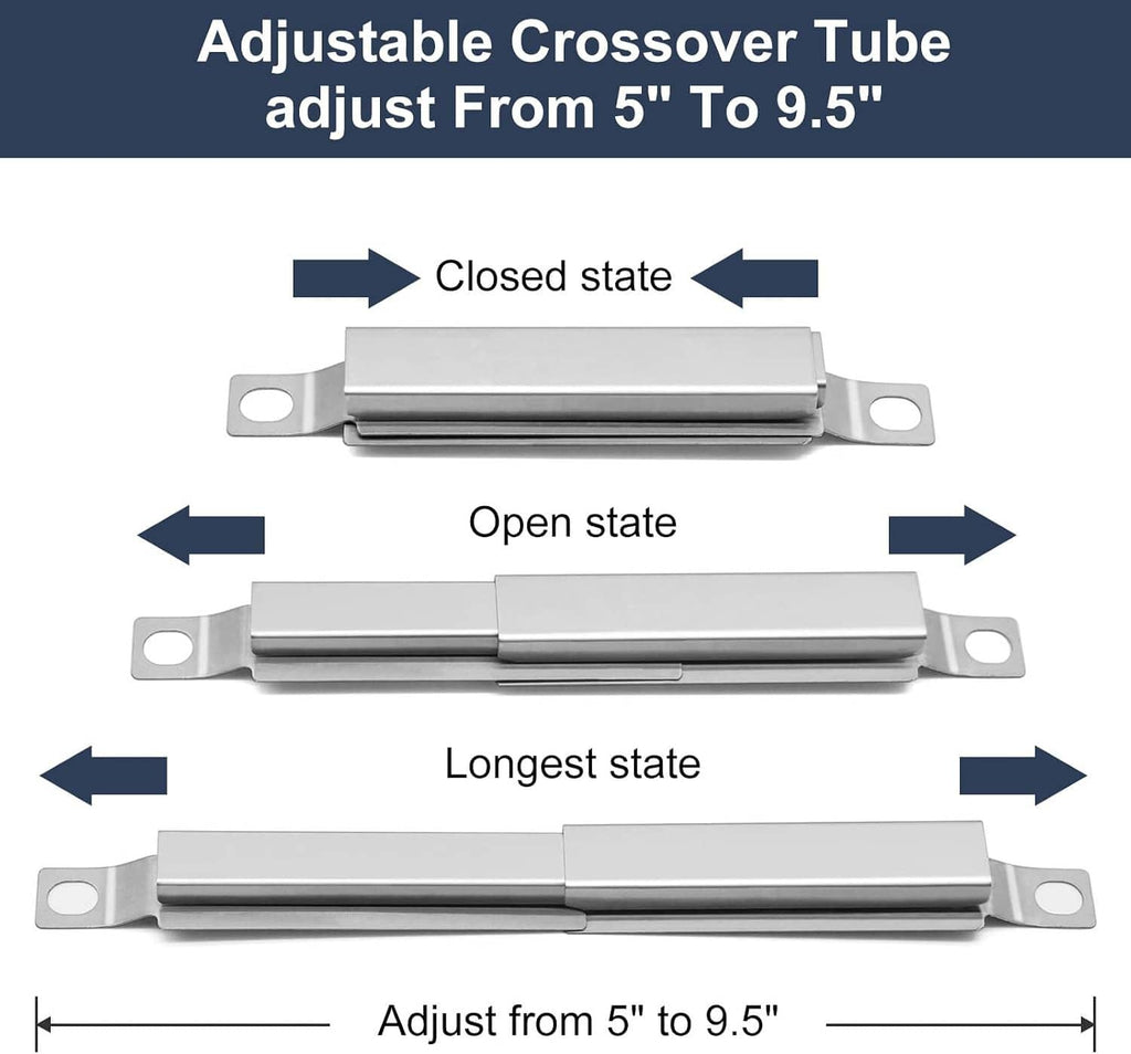 Adjustable stainless steel crossover tube showing open and closed positions