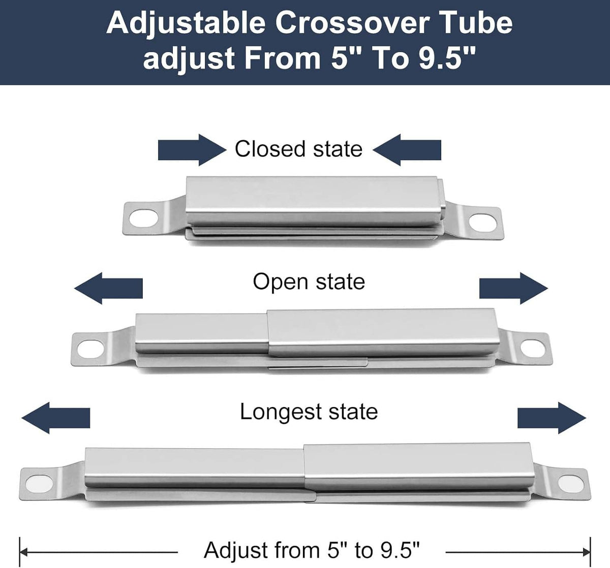 Adjustable stainless steel crossover tube showing open and closed positions