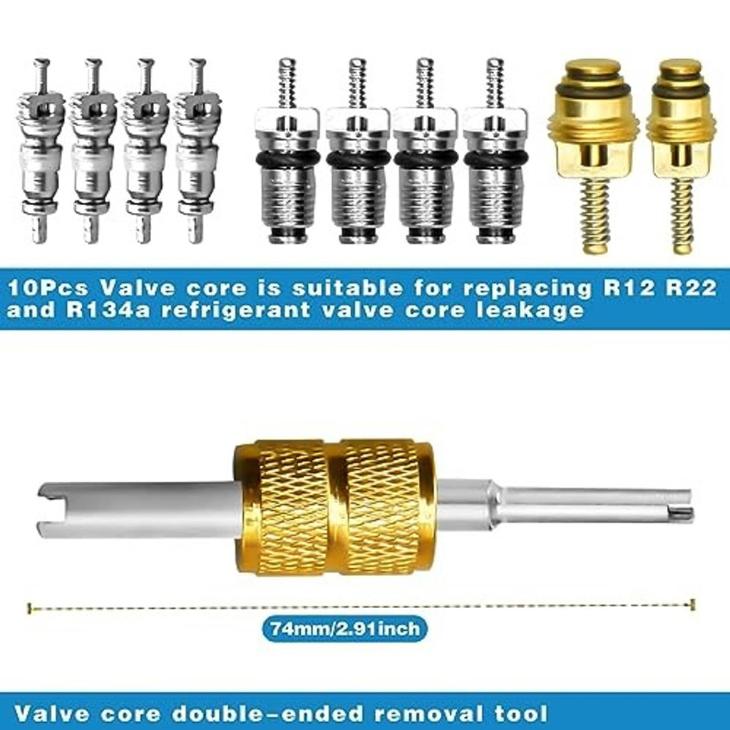 10-piece A/C valve core kit with double-ended removal tool and mixed valve cores