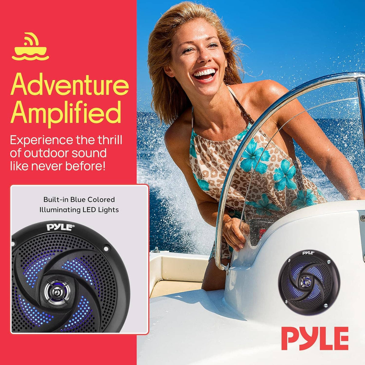 Black marine 4-inch 2-way speaker with blue LED ring mounted on boat