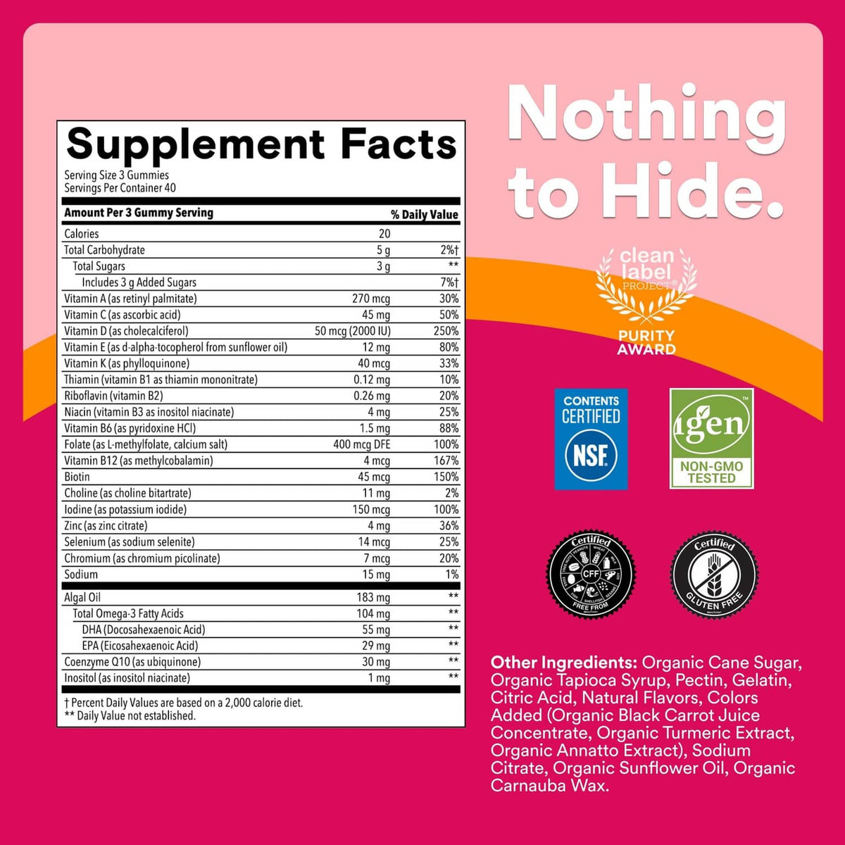 SmartyPants Women's Plus supplement facts label with certification and ingredients panel