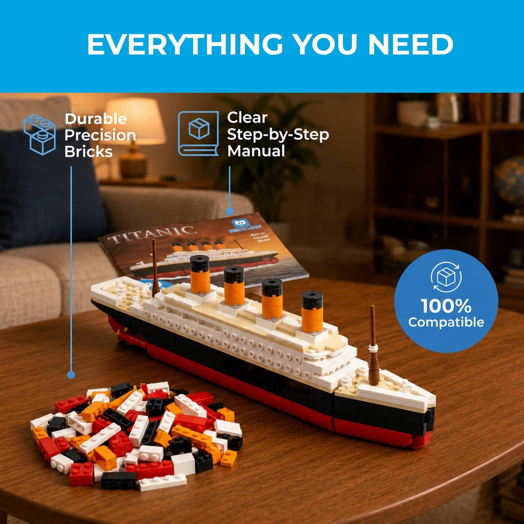 Assembled multicolor brick Titanic ship model with loose mini bricks