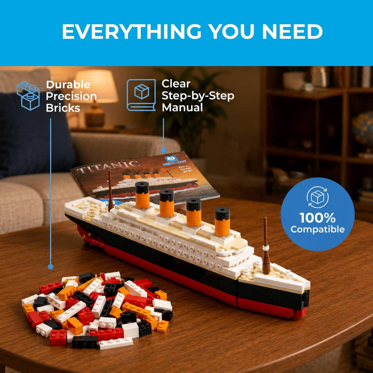 Assembled multicolor brick Titanic ship model with loose mini bricks