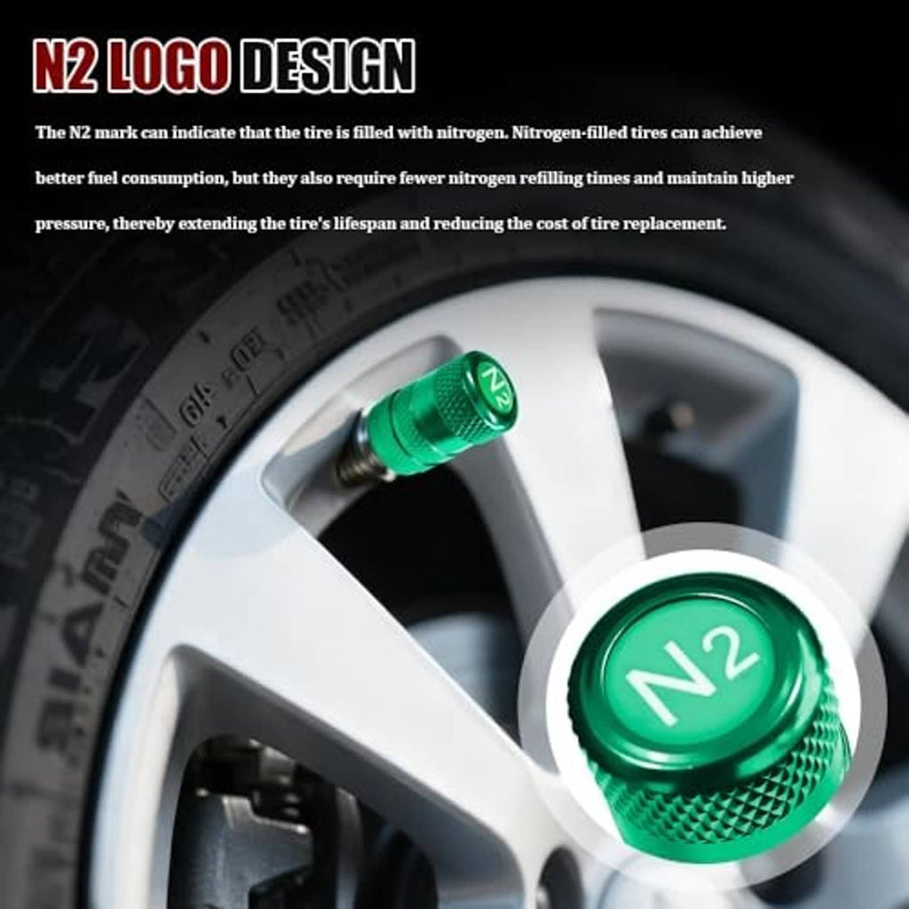Green aluminum tire valve stem cap with N2 logo on wheel rim, textured diamond sides.