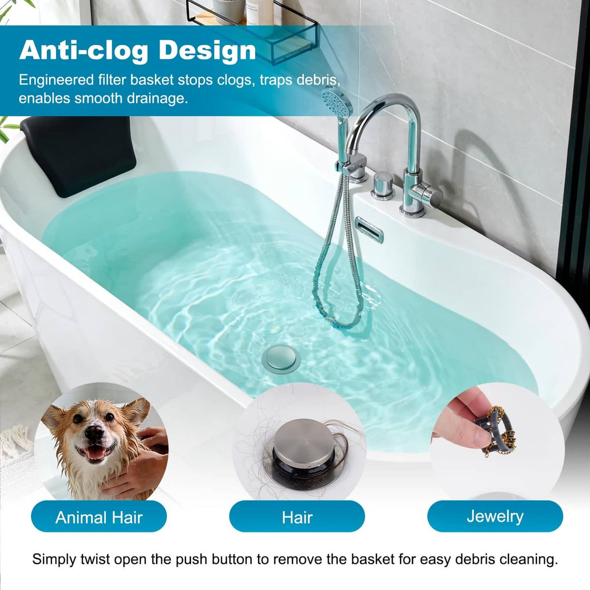 Pop-up bathtub drain stopper in brushed nickel with anti-clog filter basket