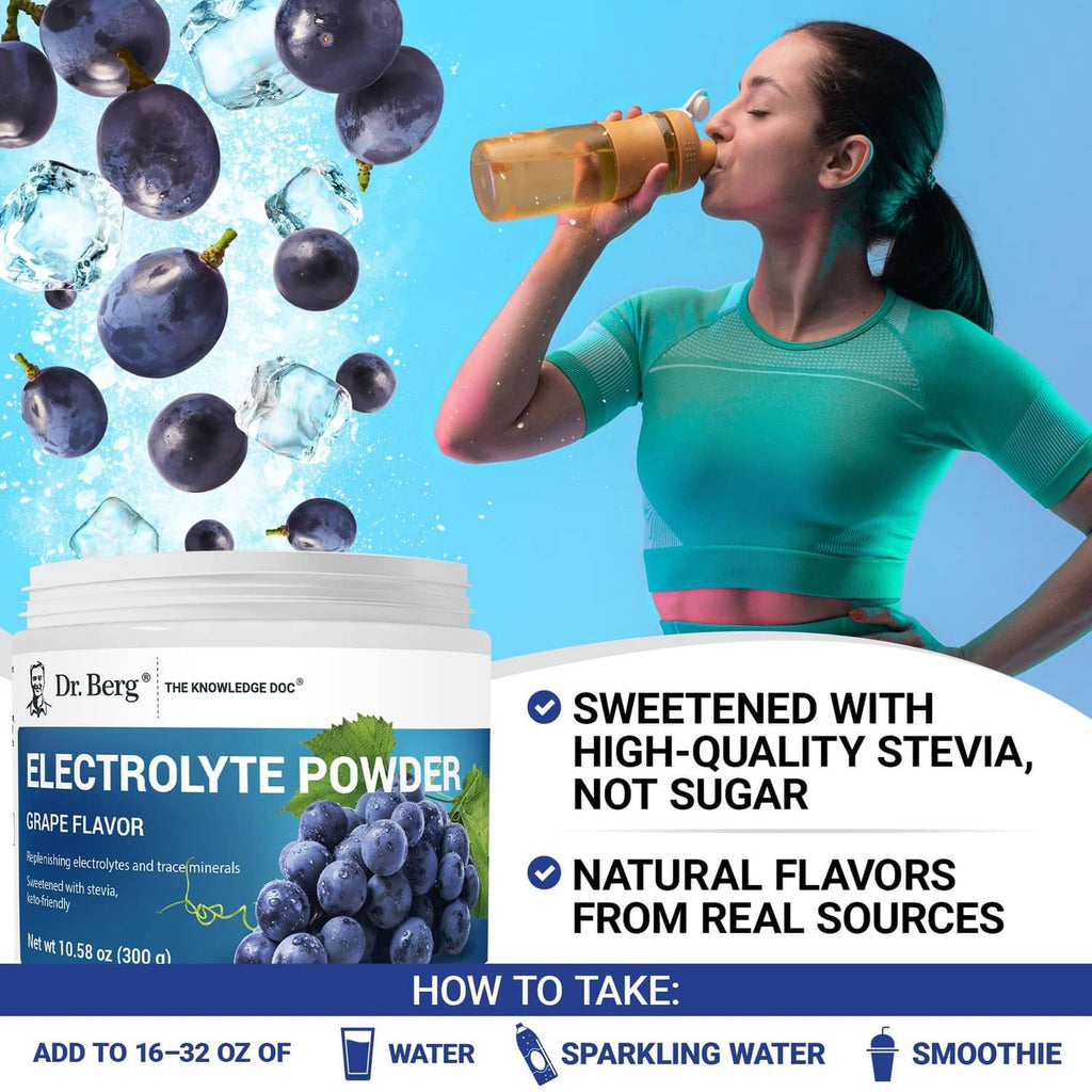 Dr. Berg electrolyte powder jar with grape flavor label next to serving suggestions.