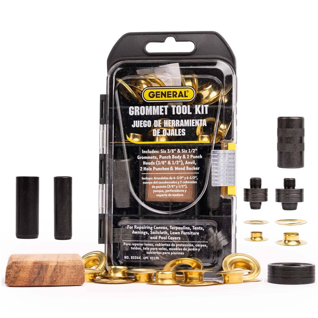 Solid brass grommet tool kit with punch heads and assorted grommets in blister packaging