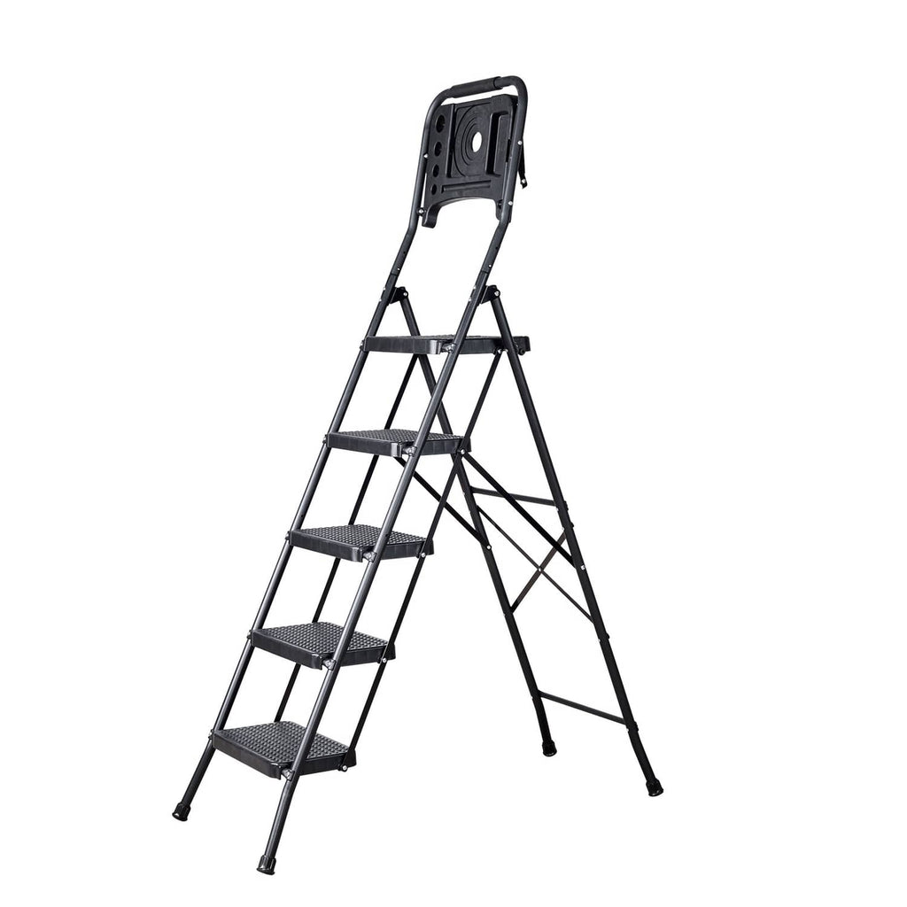 5-step steel folding ladder with anti-slip steps and top back rail, shown in full view