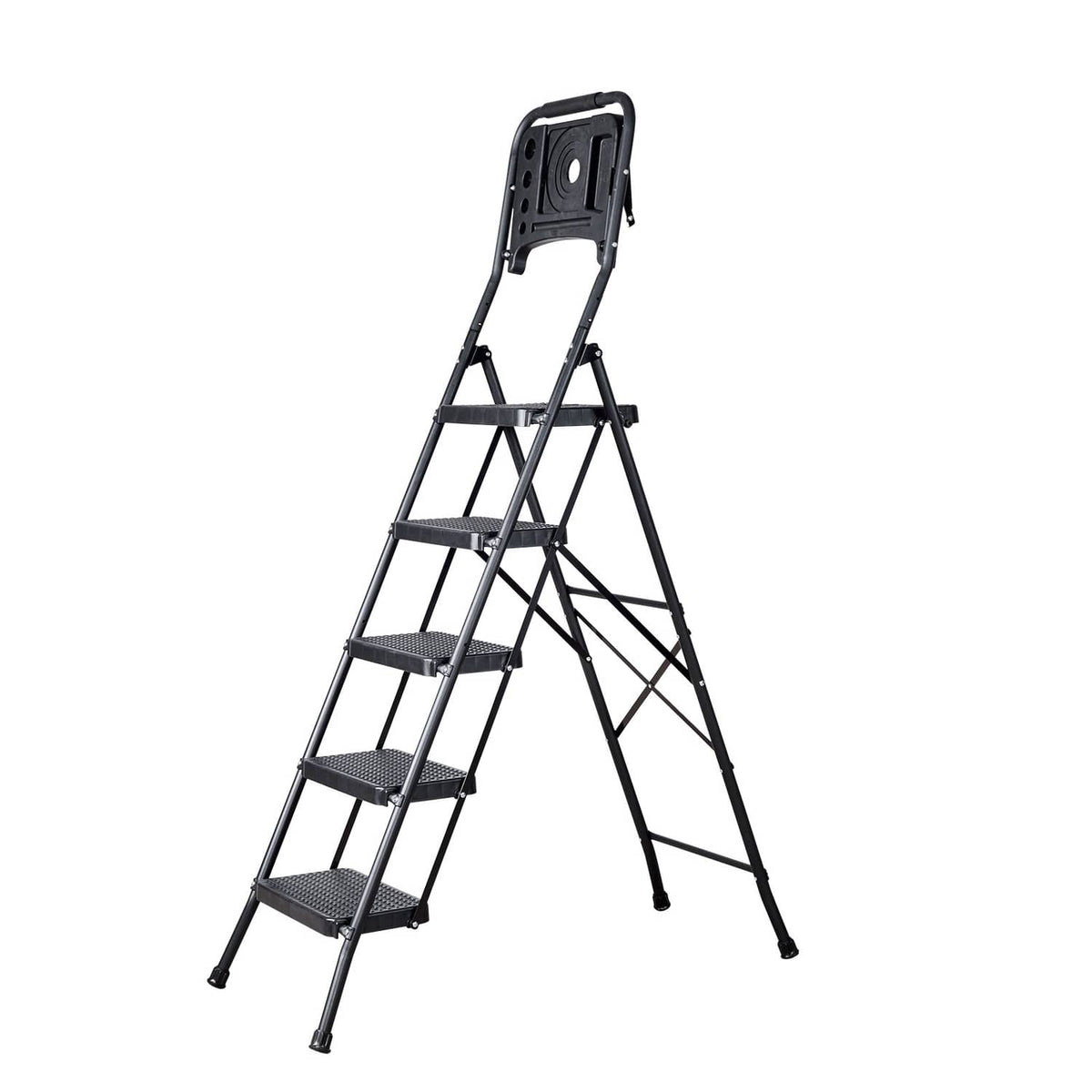 5-step steel folding ladder with anti-slip steps and top back rail, shown in full view