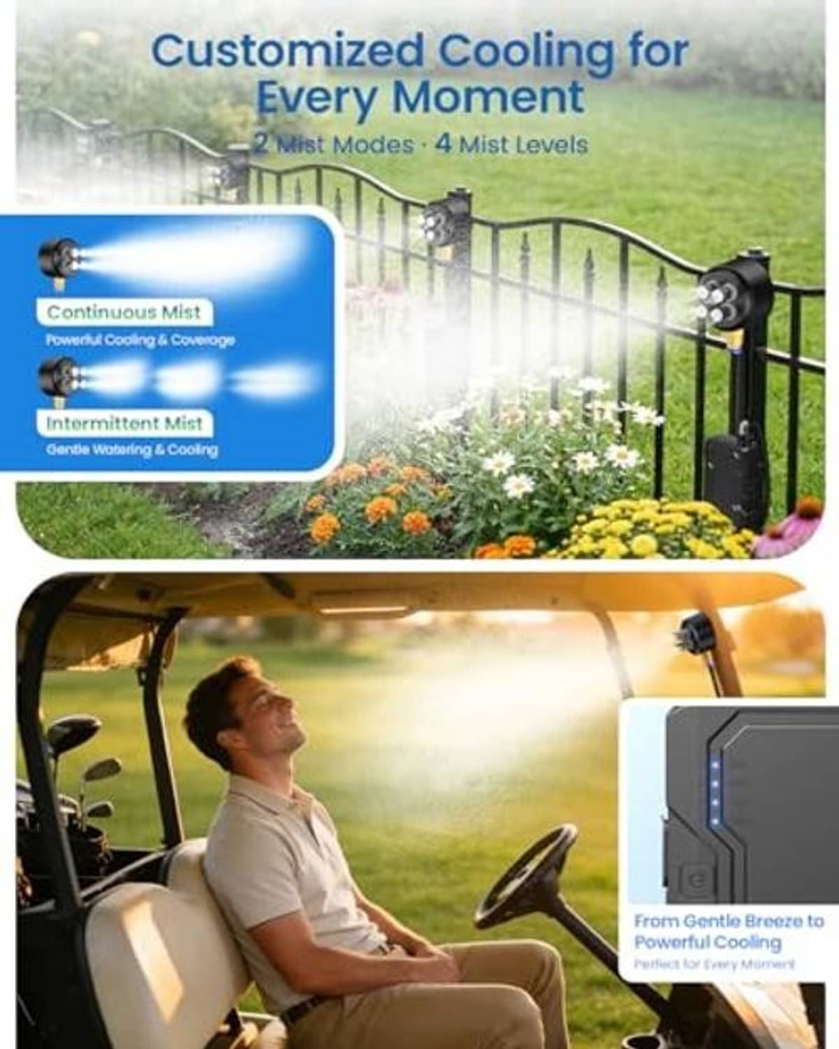Magnetic misting system with pump and adjustable mist modes, shown outdoors on a fixture