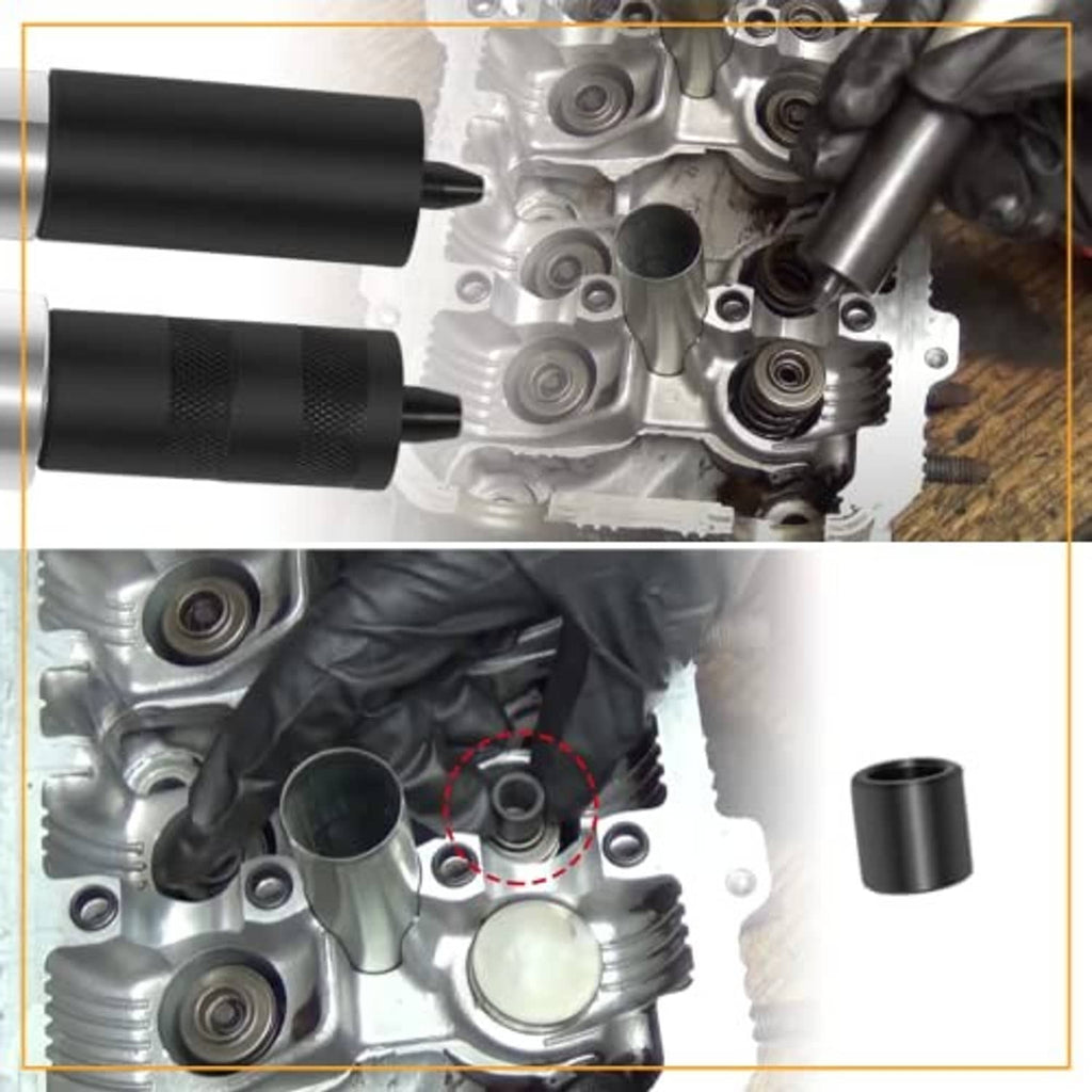 Valve spring tool with black impact end and silver knurled body, positioned on engine