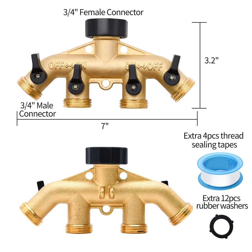 Brass 4-way hose splitter with 3/4 in male and female connector fittings