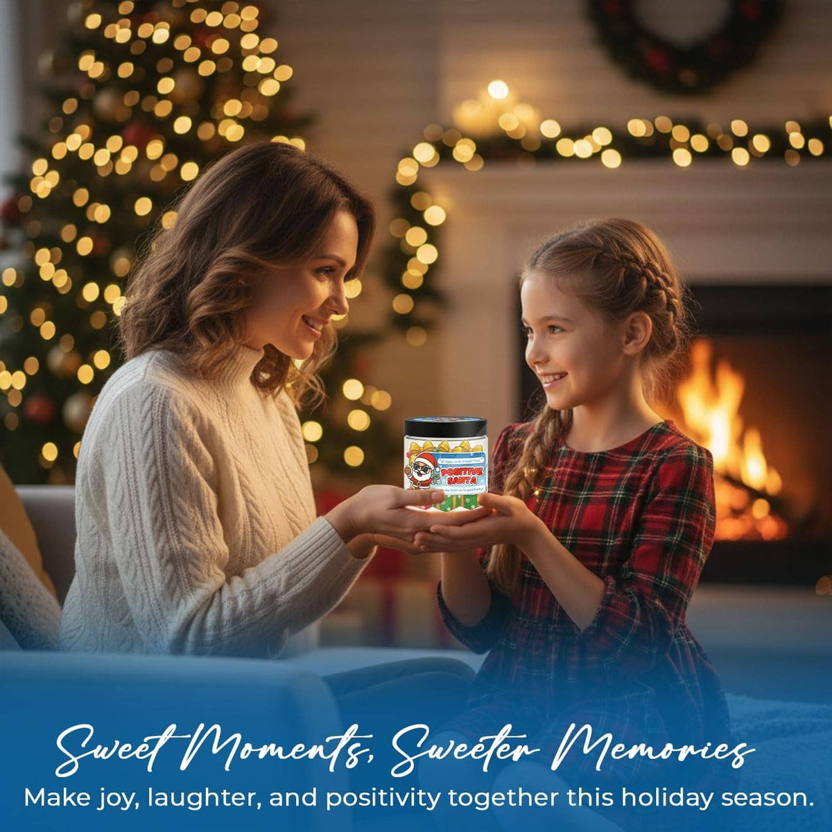 Santa-themed card jar held by adult and child, black lid with colorful Santa label