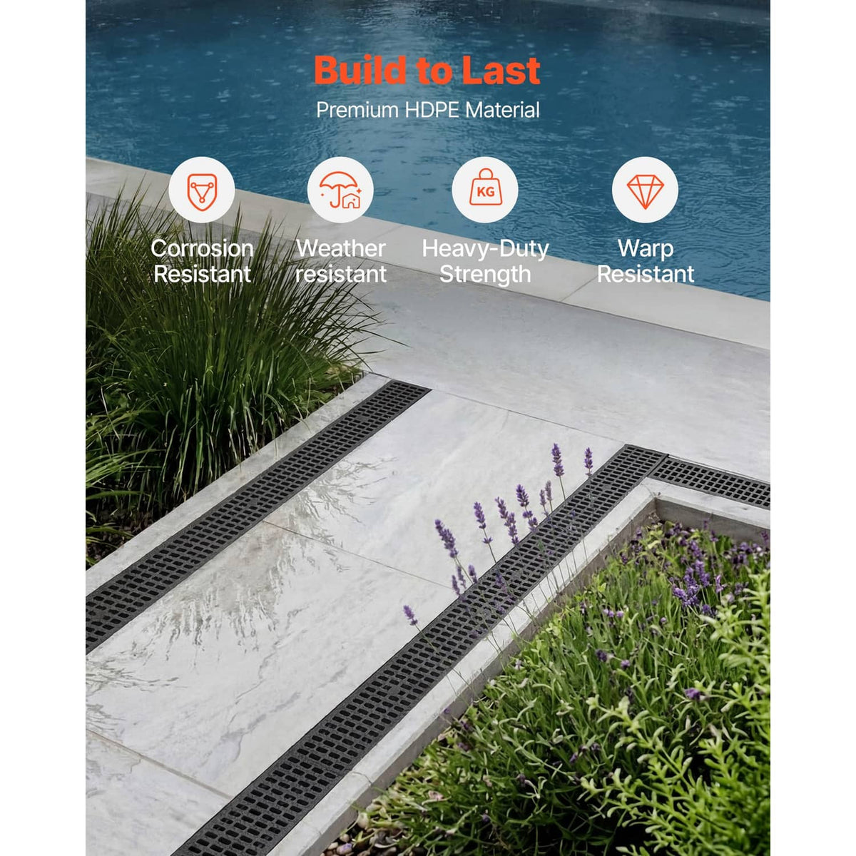 Black HDPE linear drainage channel installed along concrete patio edge with grate