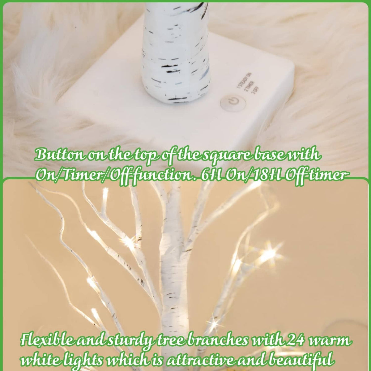 Close-up of white LED birch tree base and glowing warm lights on branches