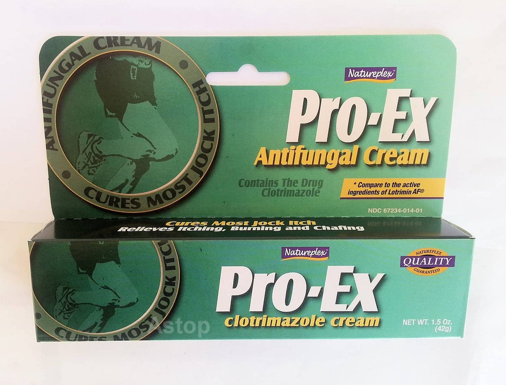 Pro-Ex antifungal cream box packaging, open display with tube