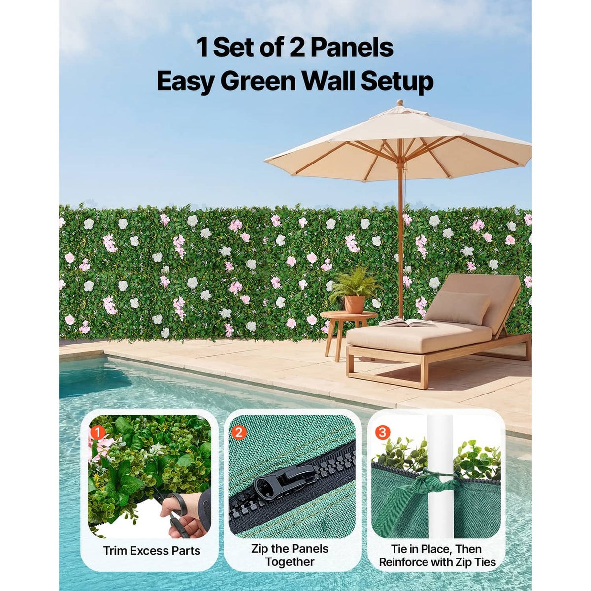 Artificial floral greenery wall set with pink and white flowers, shown as two panels