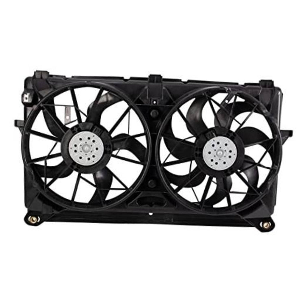 Dual radiator cooling fan assembly with two black fan shrouds and circular motors