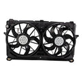 Dual radiator cooling fan assembly with two black fan shrouds and circular motors