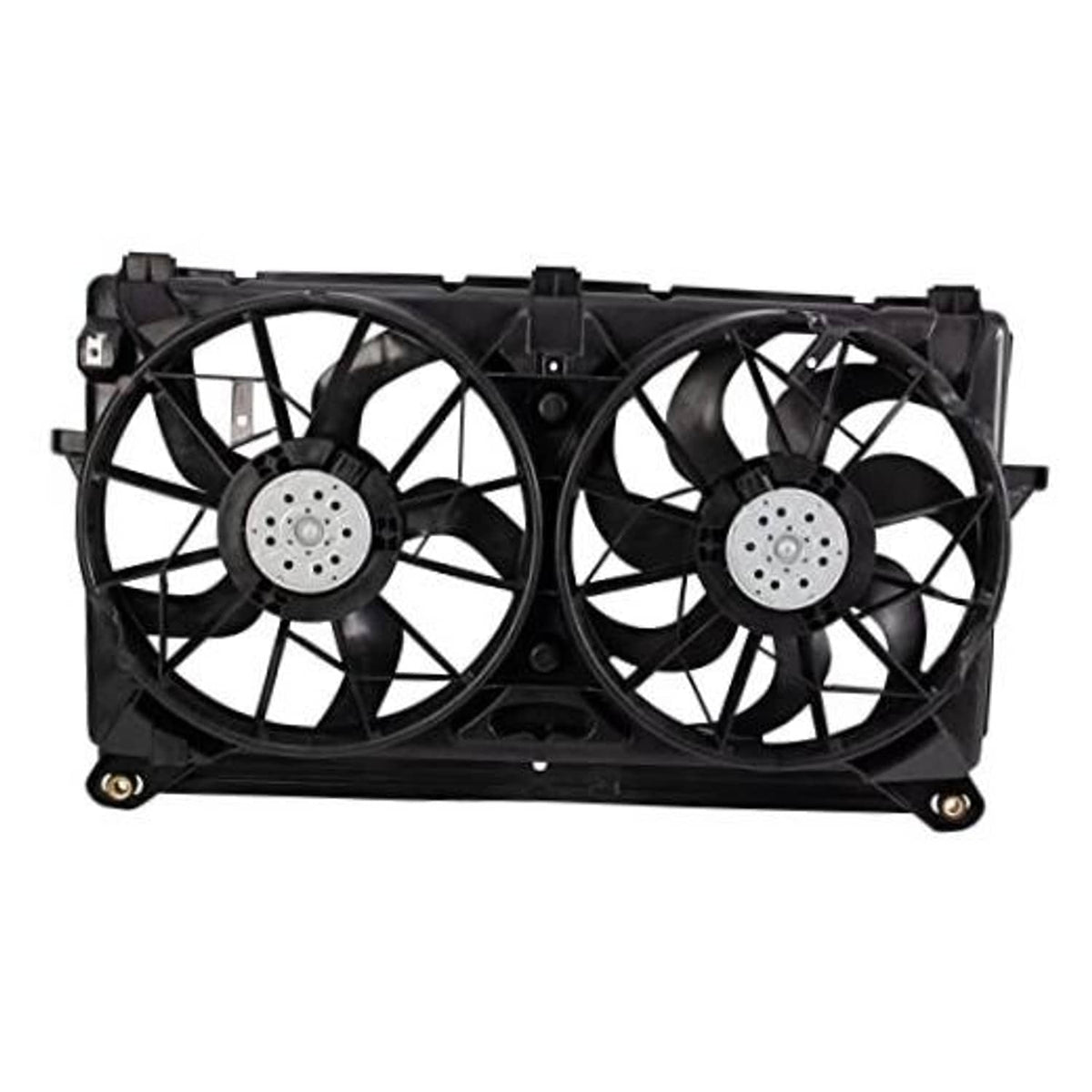 Dual radiator cooling fan assembly with two black fan shrouds and circular motors