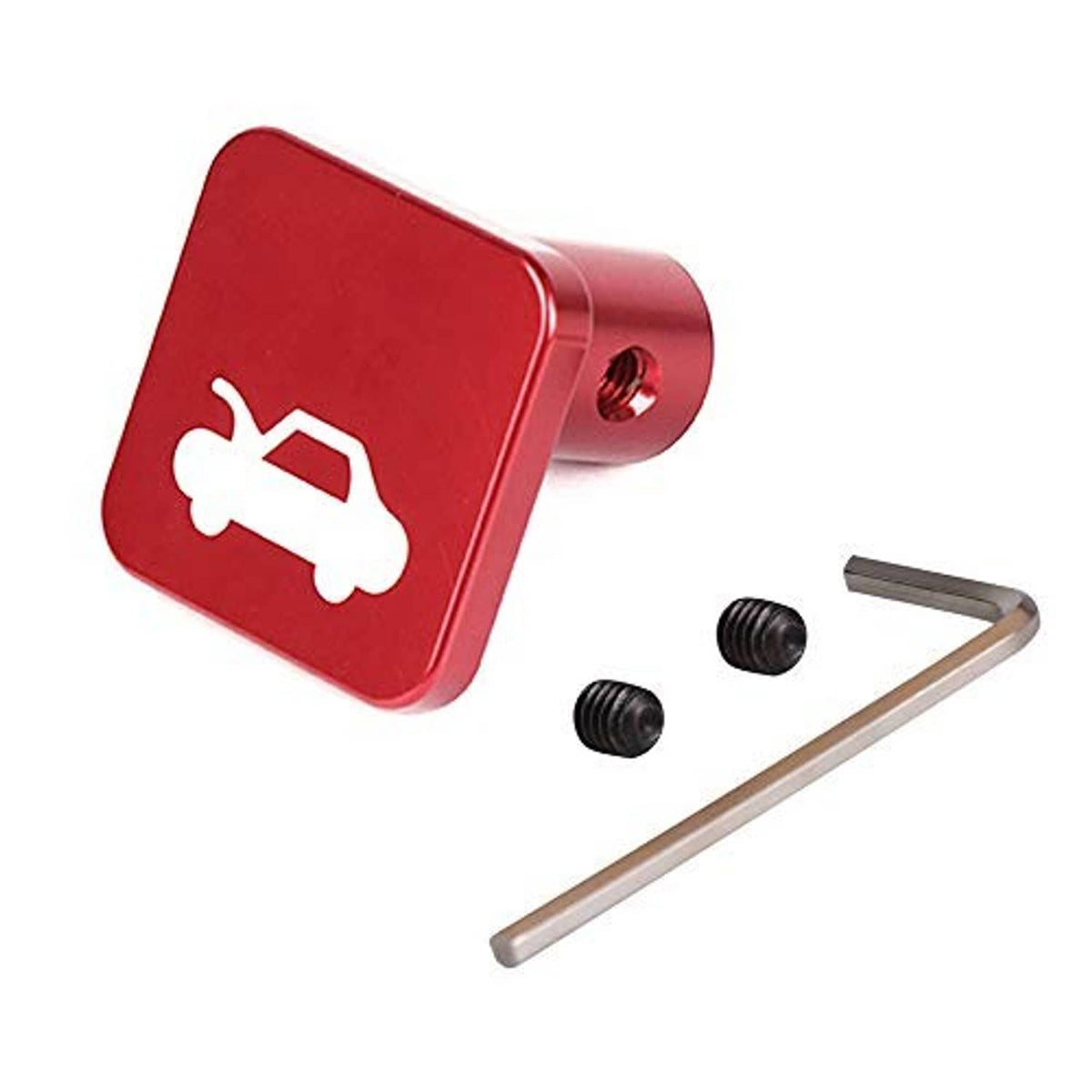 Red hood release latch handle with wrench icon, Allen key, and black mounting screws