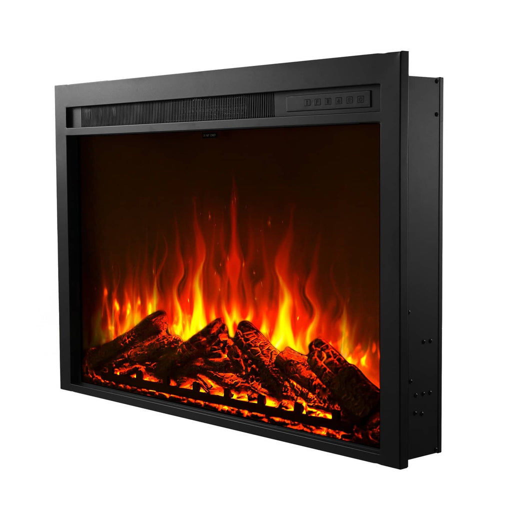 Black electric fireplace insert with realistic orange flames and glowing logbed