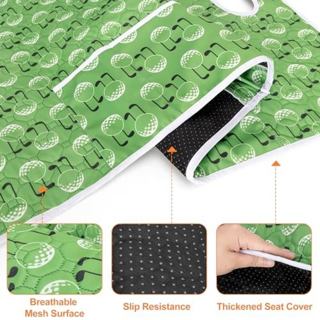 Green golf ball patterned seat cover with white border and black non-slip fabric underside