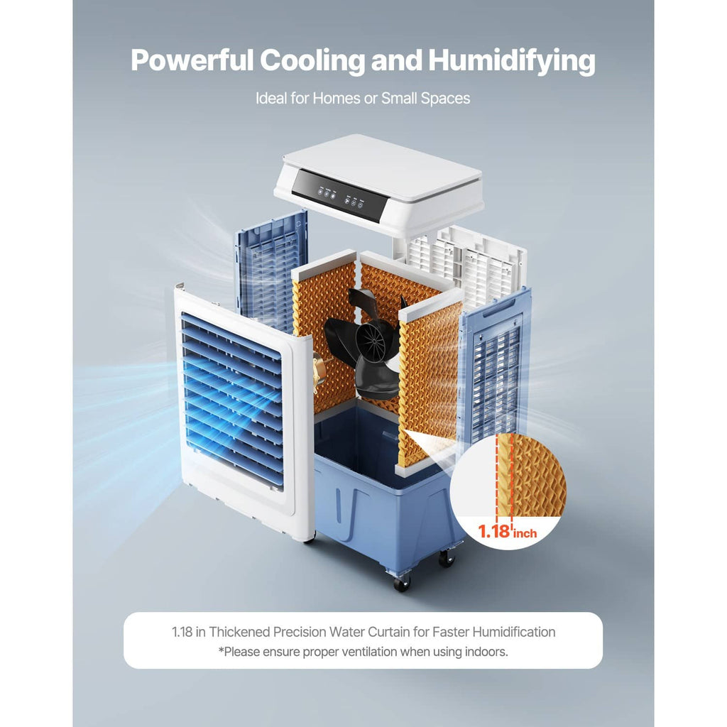 Portable evaporative cooler shown open with interior pad sections and side vents