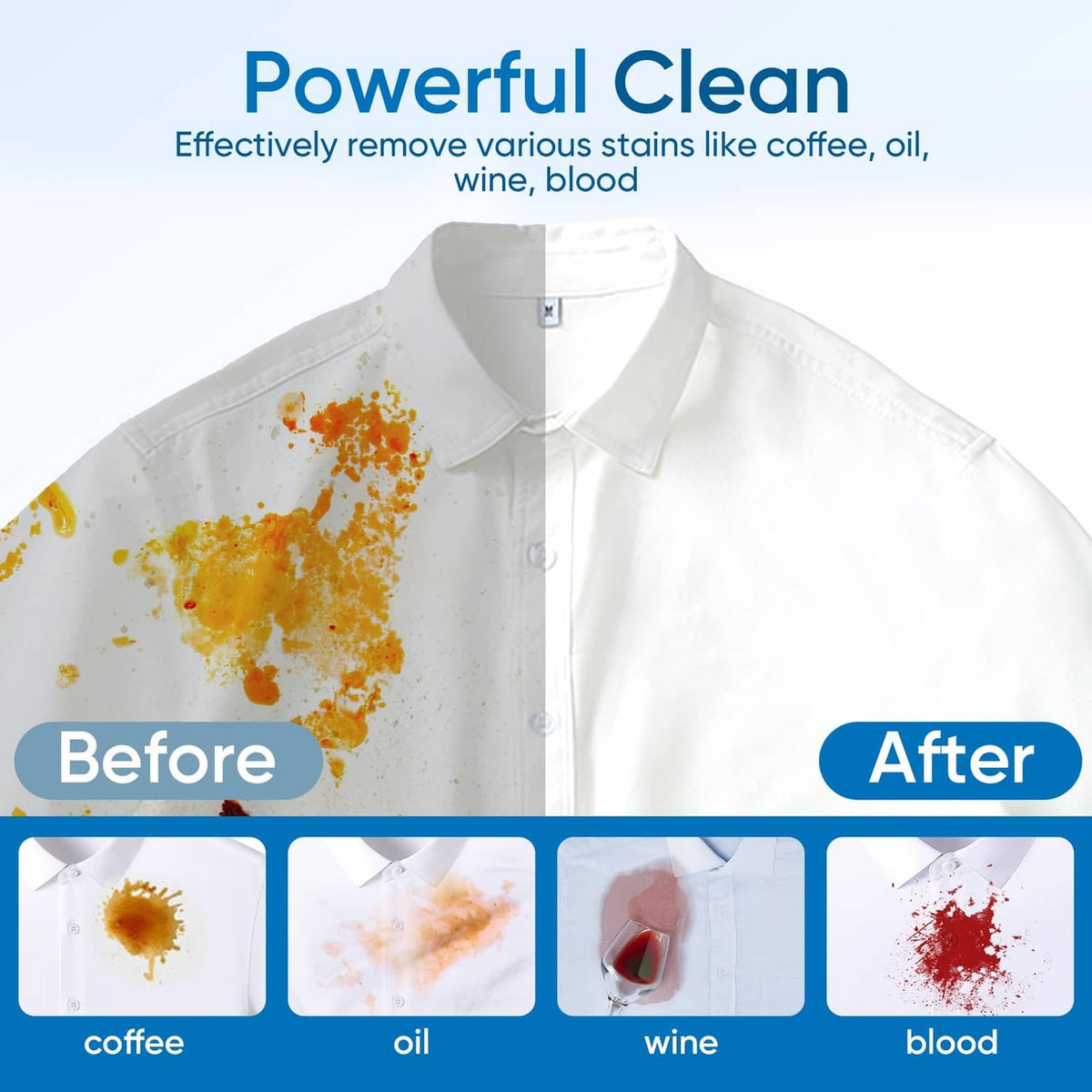 Laundry detergent sheets removing coffee, oil, wine, and blood stains from a white shirt