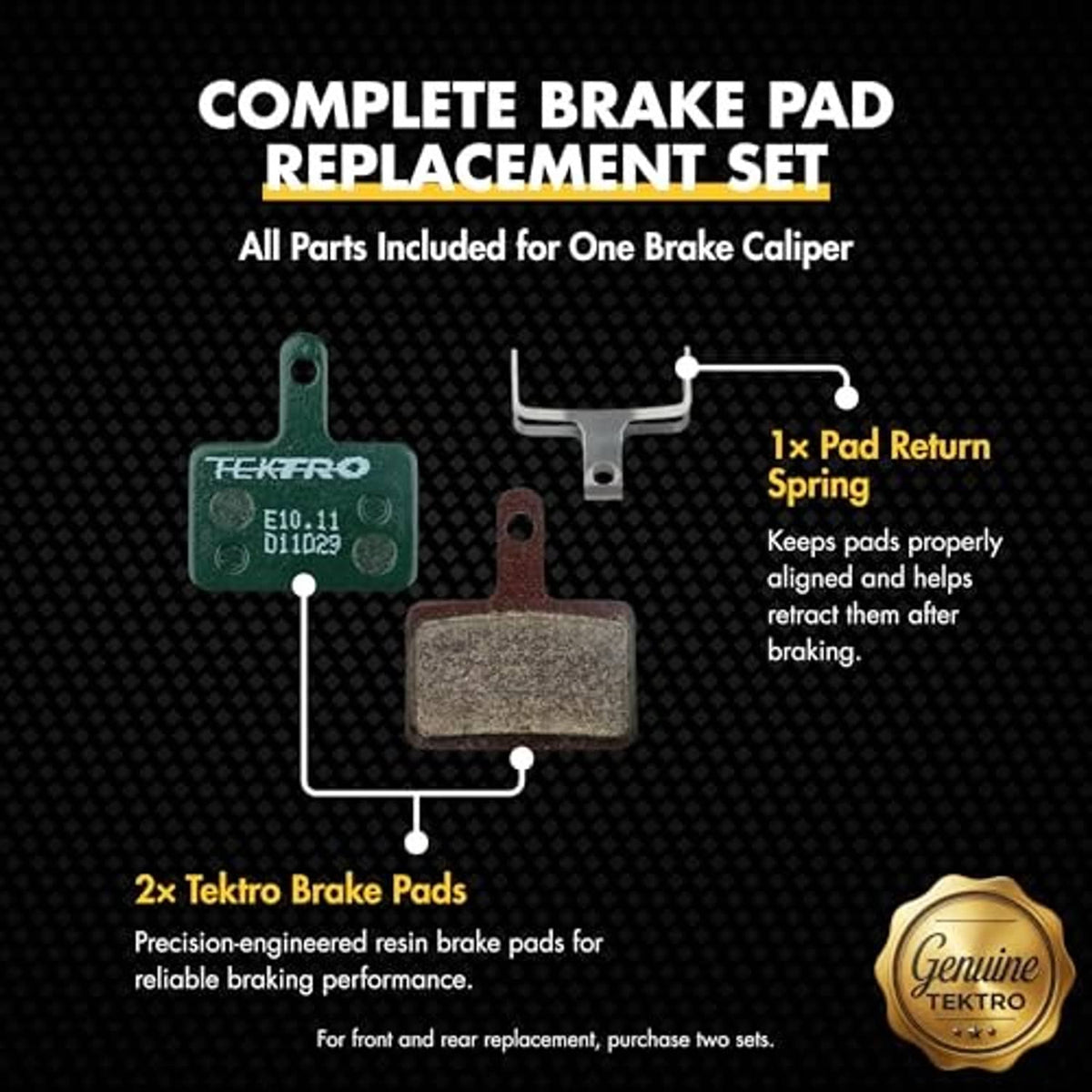 Resin disc brake pad replacement set graphic with two pads and return spring