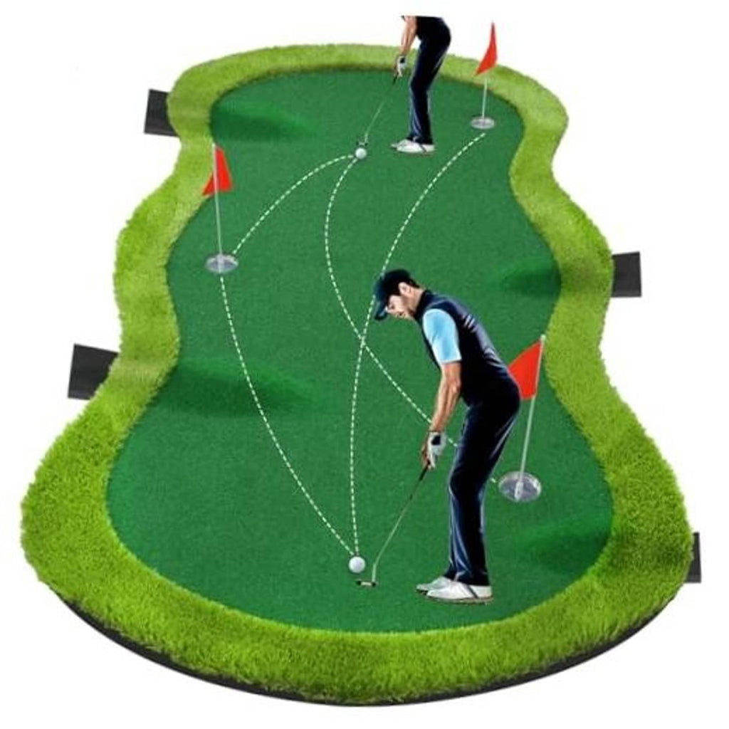 Golf putting green mat with three practice holes and red flags on green artificial turf