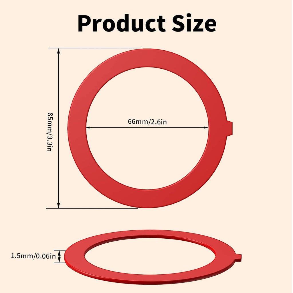 Red silicone flush valve seal ring with product size measurements