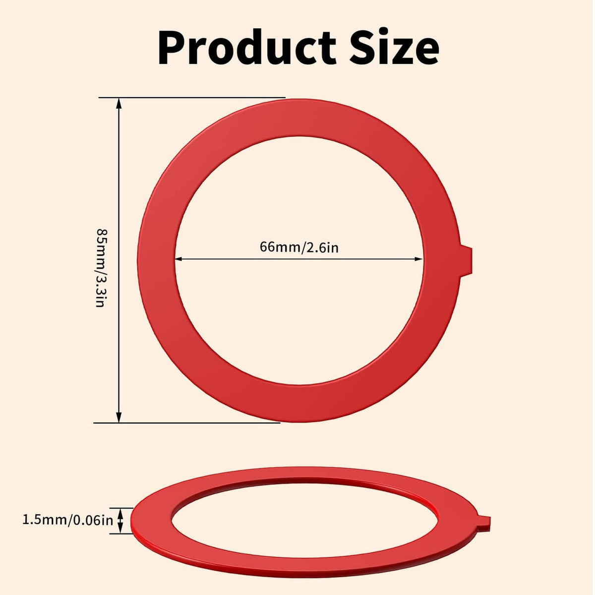 Red silicone flush valve seal ring with product size measurements