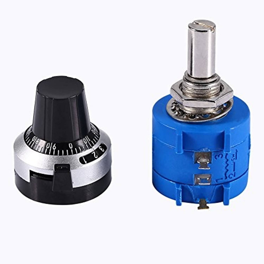 Precision potentiometer with black adjustment knob and blue body, metal shaft on top