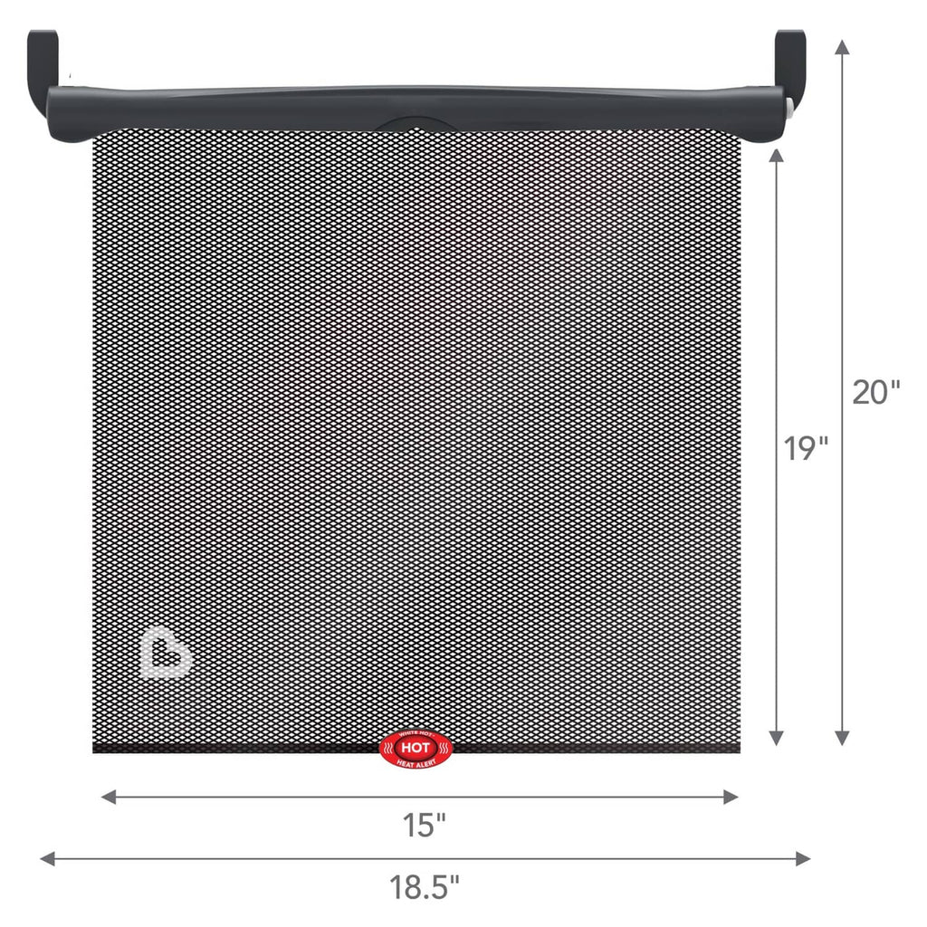 Black mesh car window shade dimensions with top roller bar; 15 in width and 20 in height