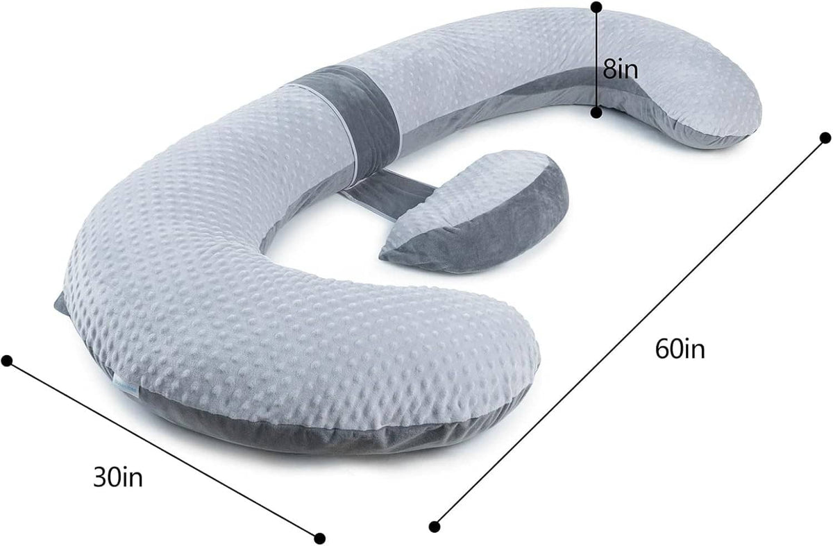 Gray E-shaped pregnancy pillow with detachable wedge, size dimensions shown in inches